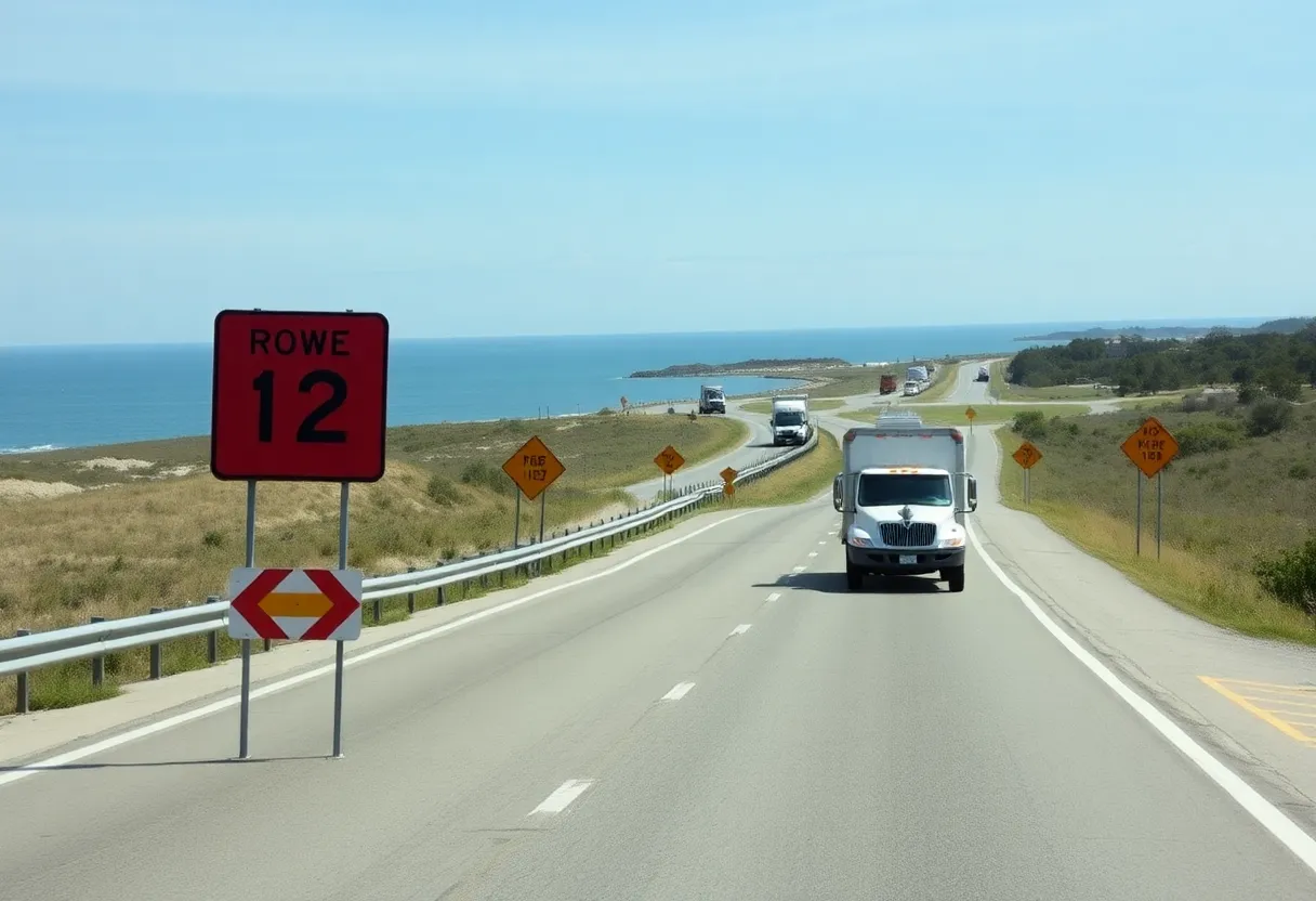 Construction work on N.C. Highway 12 with trucks and signs
