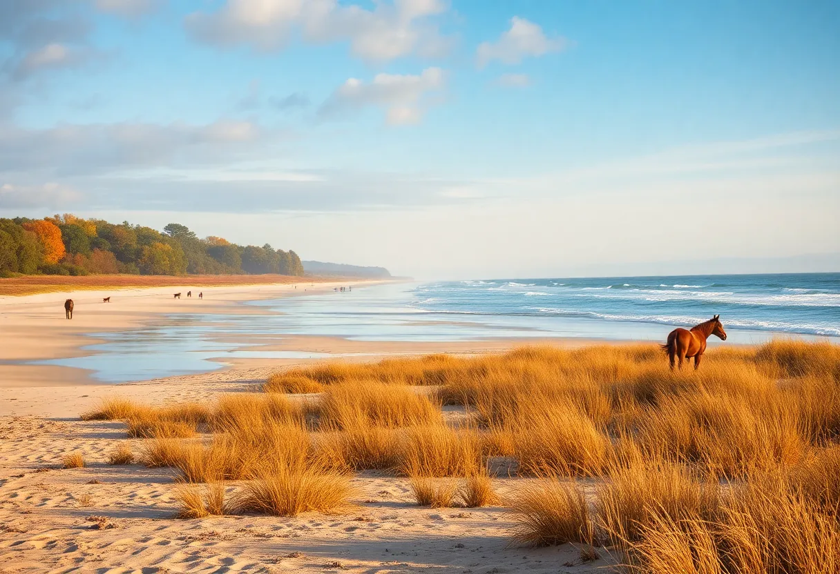 Scenic autumn landscape in the Northern Outer Banks with wild horses