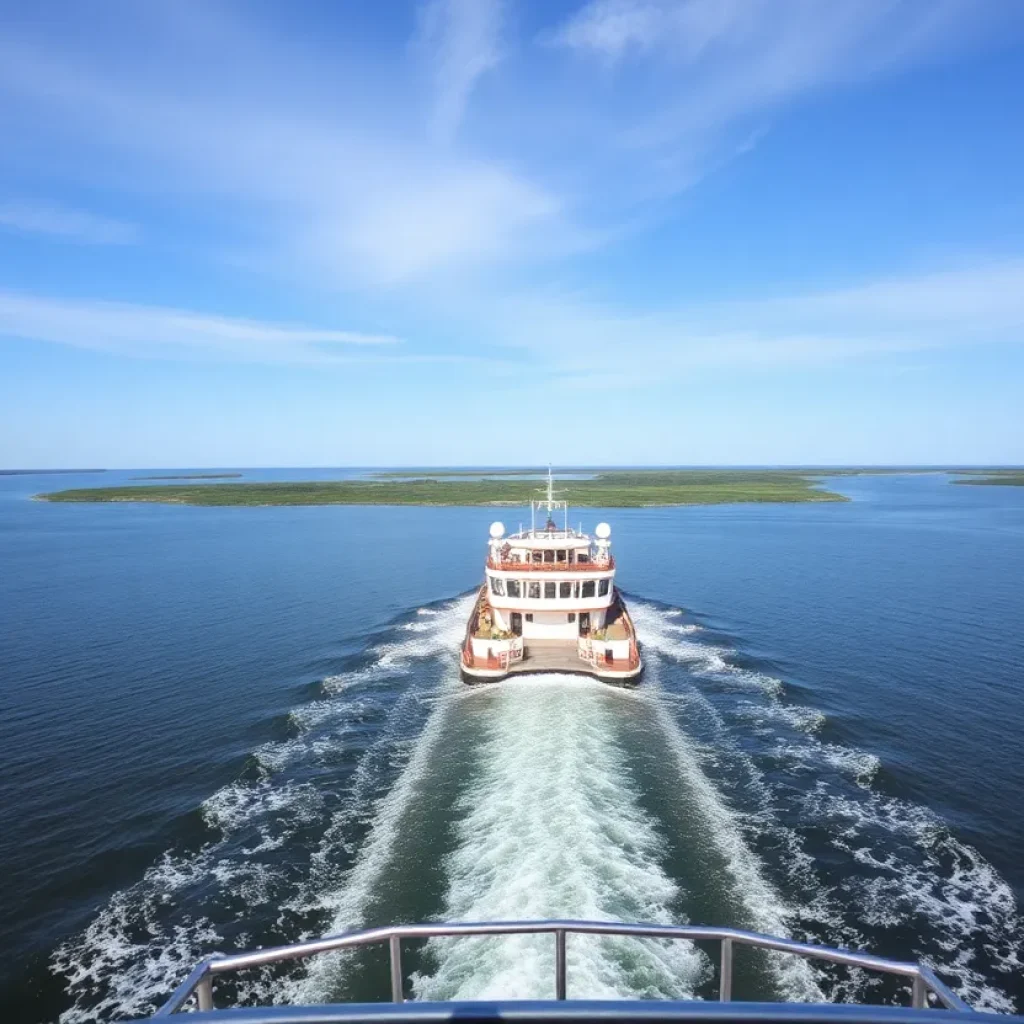 A ferry transporting passengers across the water near Ocracoke Island