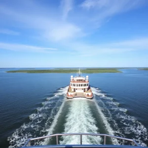 A ferry transporting passengers across the water near Ocracoke Island