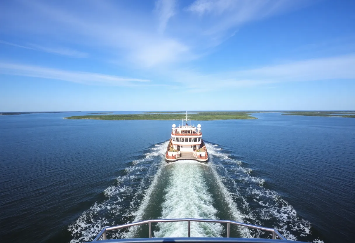 A ferry transporting passengers across the water near Ocracoke Island