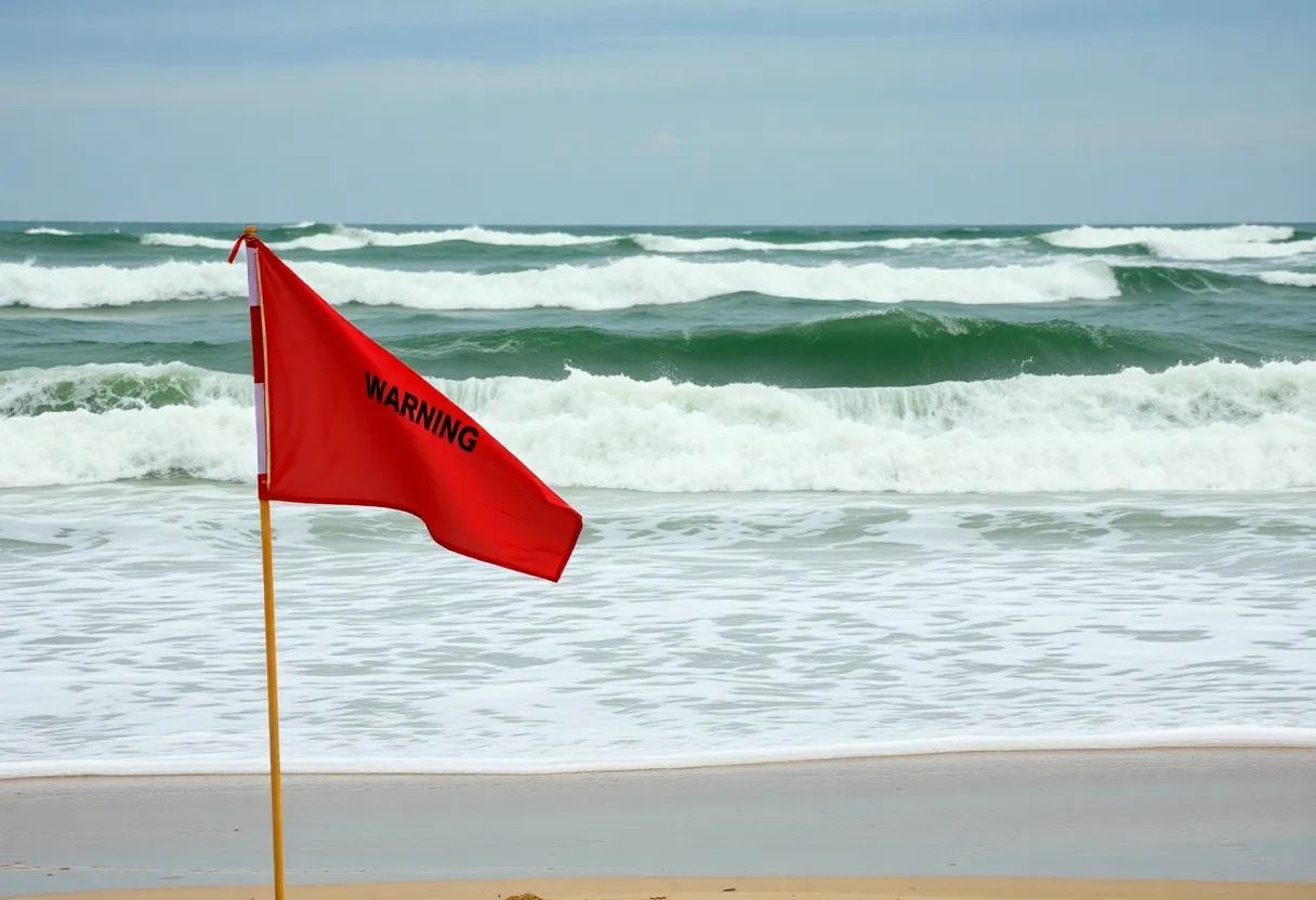 View of Outer Banks beach with warning flags for dangerous conditions