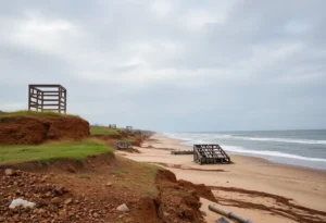 A view of the eroded coastline in the Outer Banks with collapsed houses.