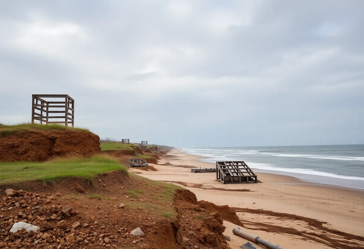 A view of the eroded coastline in the Outer Banks with collapsed houses.