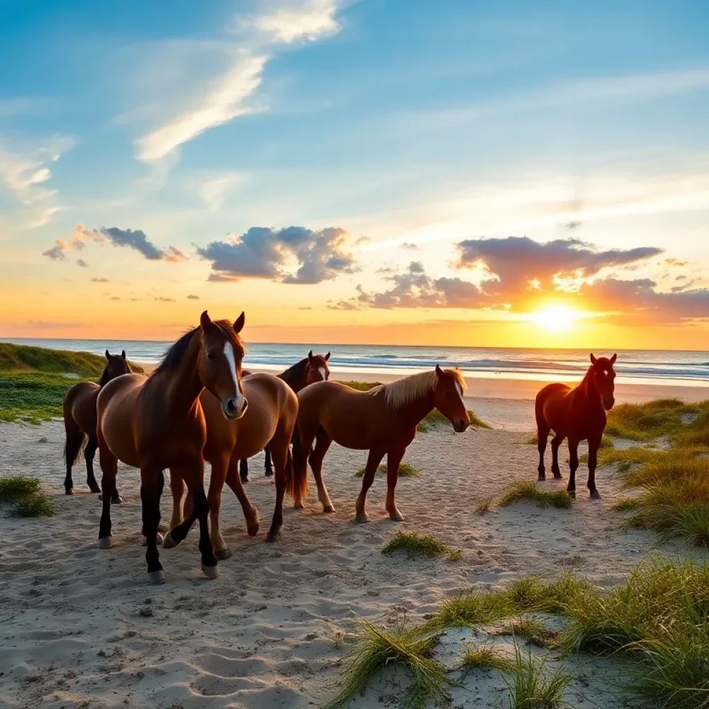 Wild horses on the beach of Outer Banks, North Carolina during sunset.