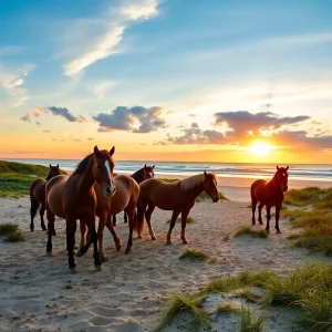 Wild horses on the beach of Outer Banks, North Carolina during sunset.