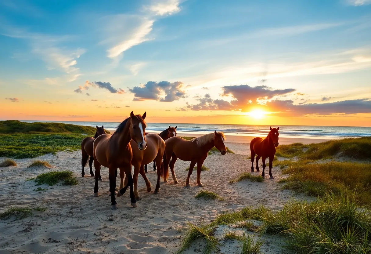 Wild horses on the beach of Outer Banks, North Carolina during sunset.