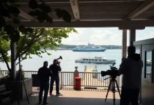 Film crew at Southport ferry terminal during Outer Banks filming