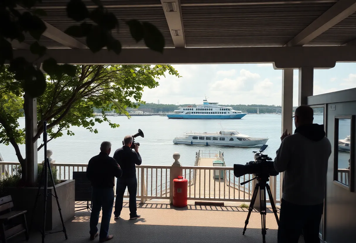 Film crew at Southport ferry terminal during Outer Banks filming
