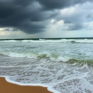 Turbulent waves and stormy skies at Outer Banks beach