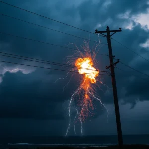 Explosion of a power pole during a thunderstorm in Kitty Hawk