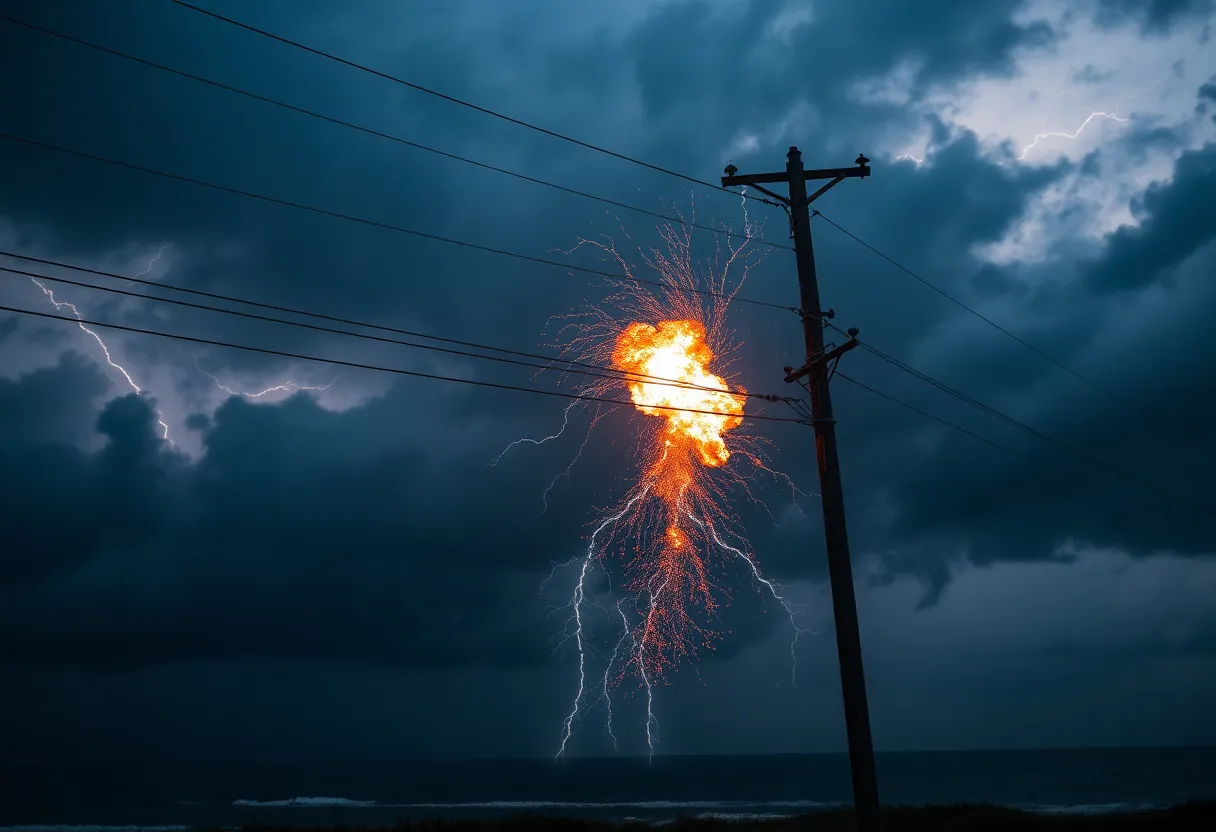 Explosion of a power pole during a thunderstorm in Kitty Hawk