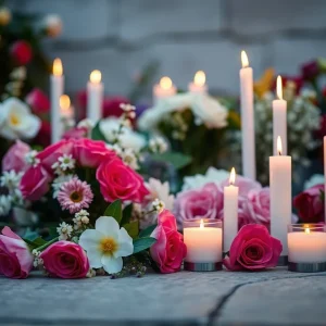 Memorial setup with flowers and candles for Priscilla Rae McComb
