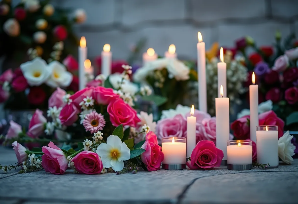Memorial setup with flowers and candles for Priscilla Rae McComb