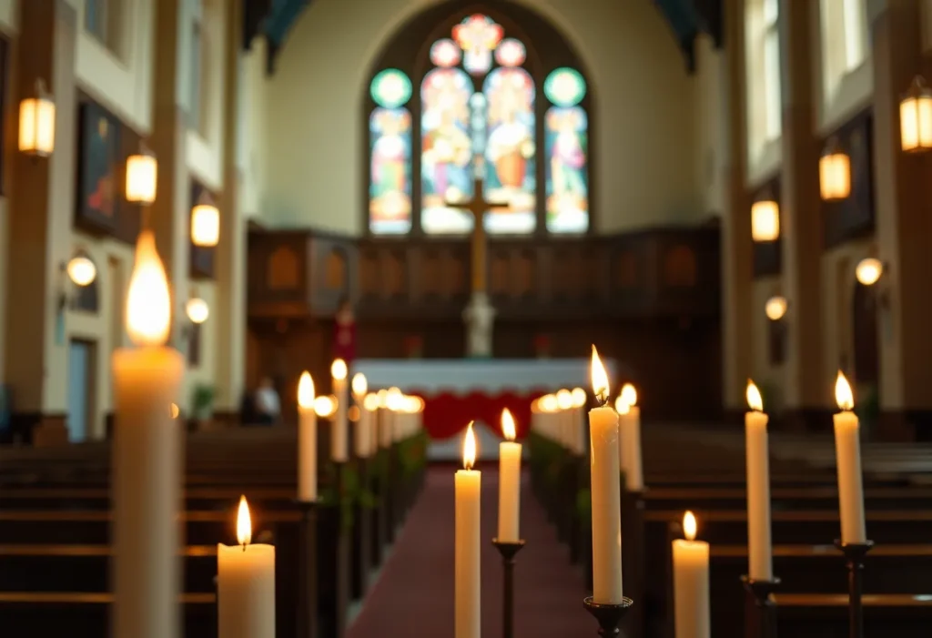 Memorial candles in a serene church setting