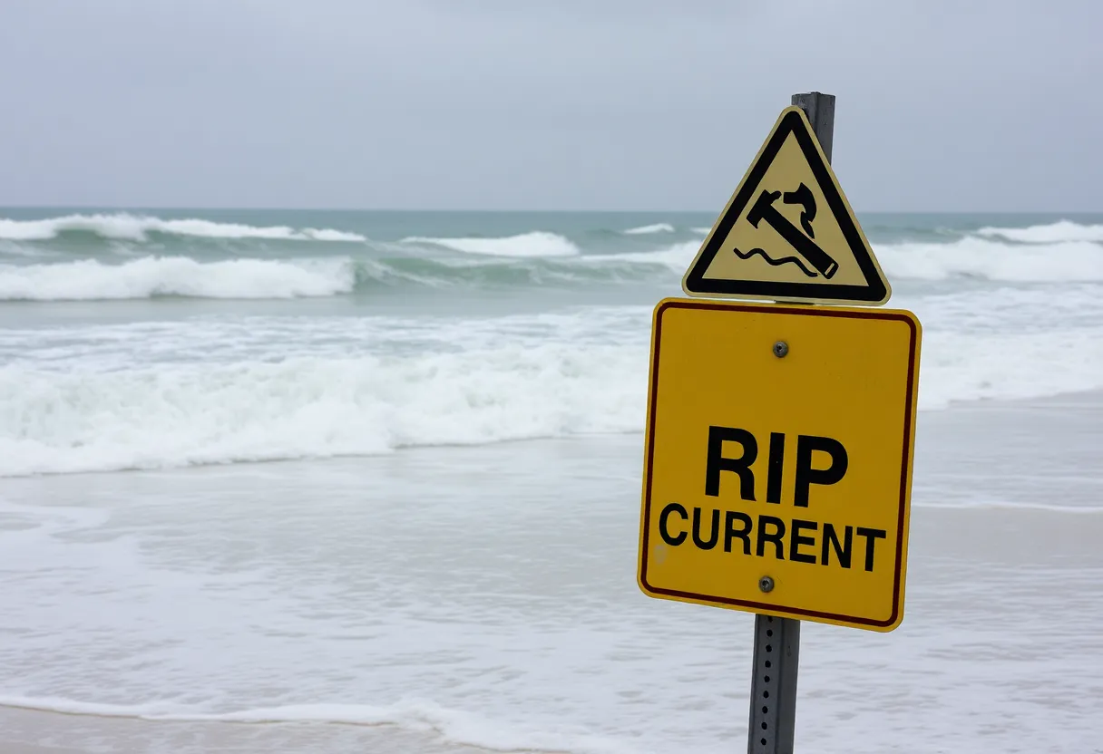 Warning sign for rip currents on Outer Banks beach