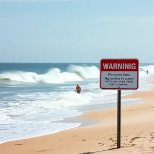 A warning sign for rip currents at the beach in Outer Banks