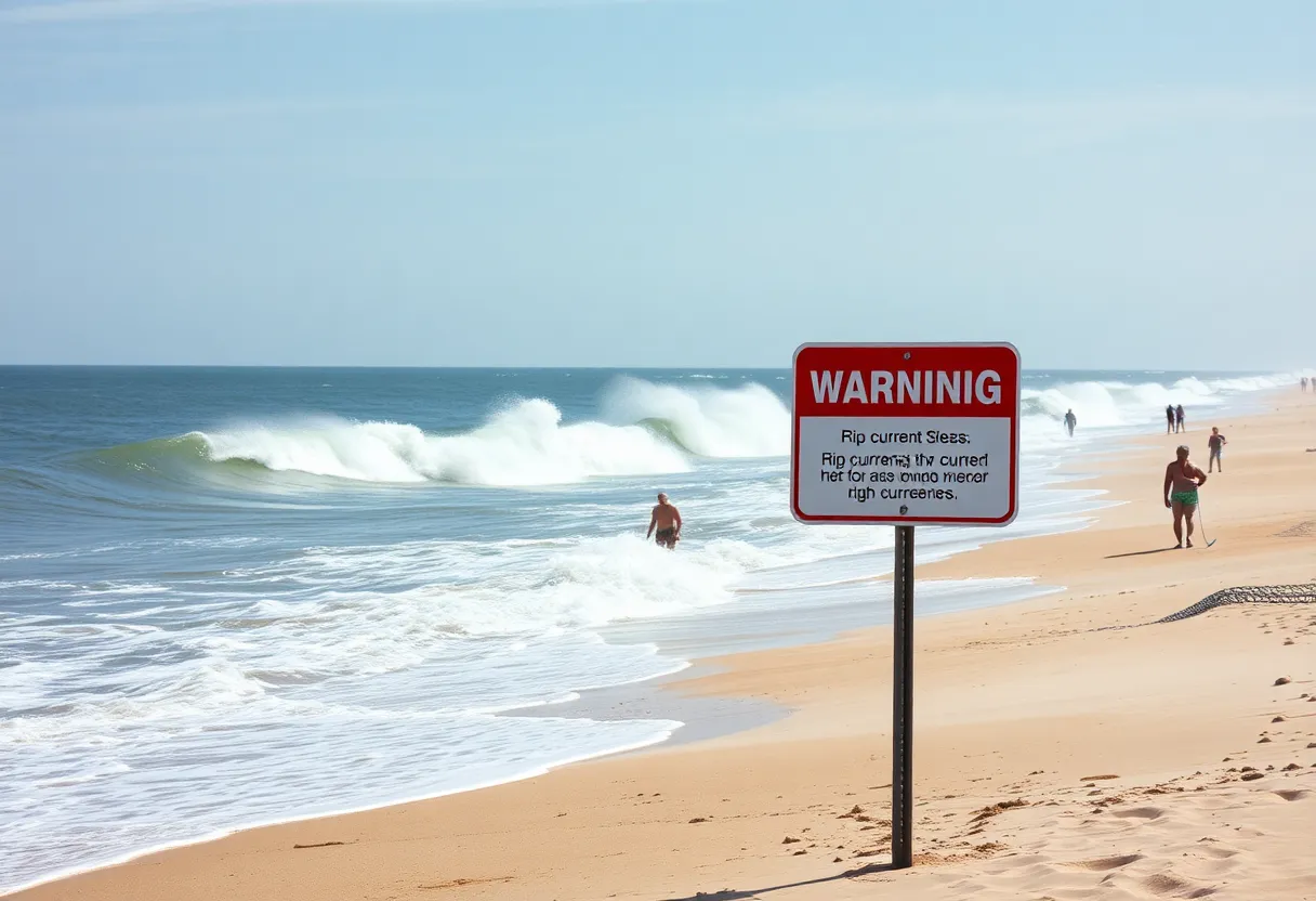 A warning sign for rip currents at the beach in Outer Banks