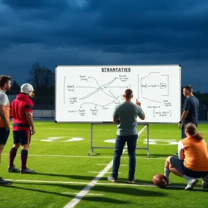 UVA football coaching staff discussing strategies on a field