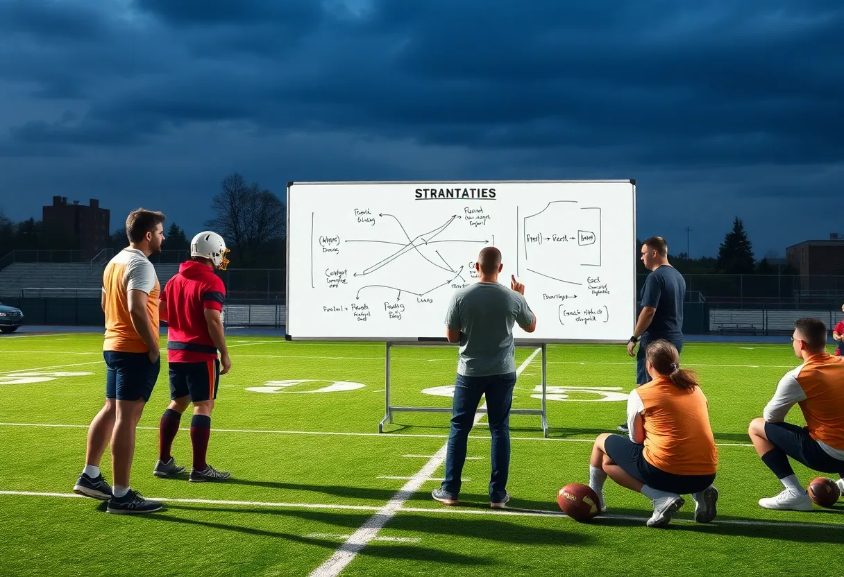 UVA football coaching staff discussing strategies on a field