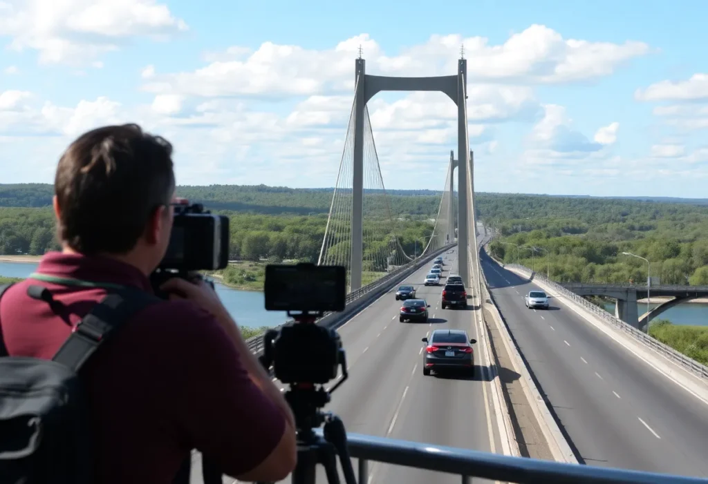 Scenic view of Socastee Swing Bridge with filming crew and local landscape