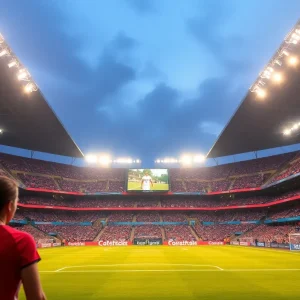 A vibrant soccer stadium illuminated at night during a women's soccer match.