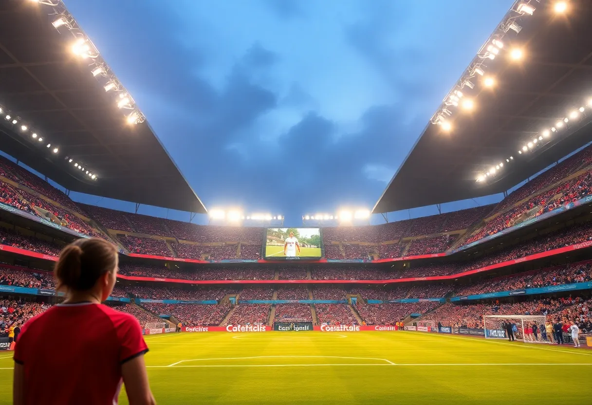 A vibrant soccer stadium illuminated at night during a women's soccer match.