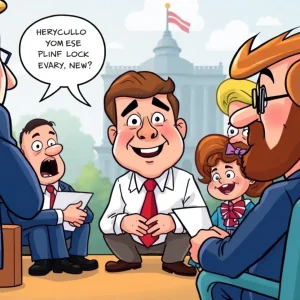 Animated characters humorously discussing political topics