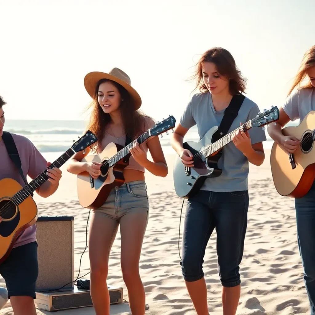 Teen band performing music by the beach