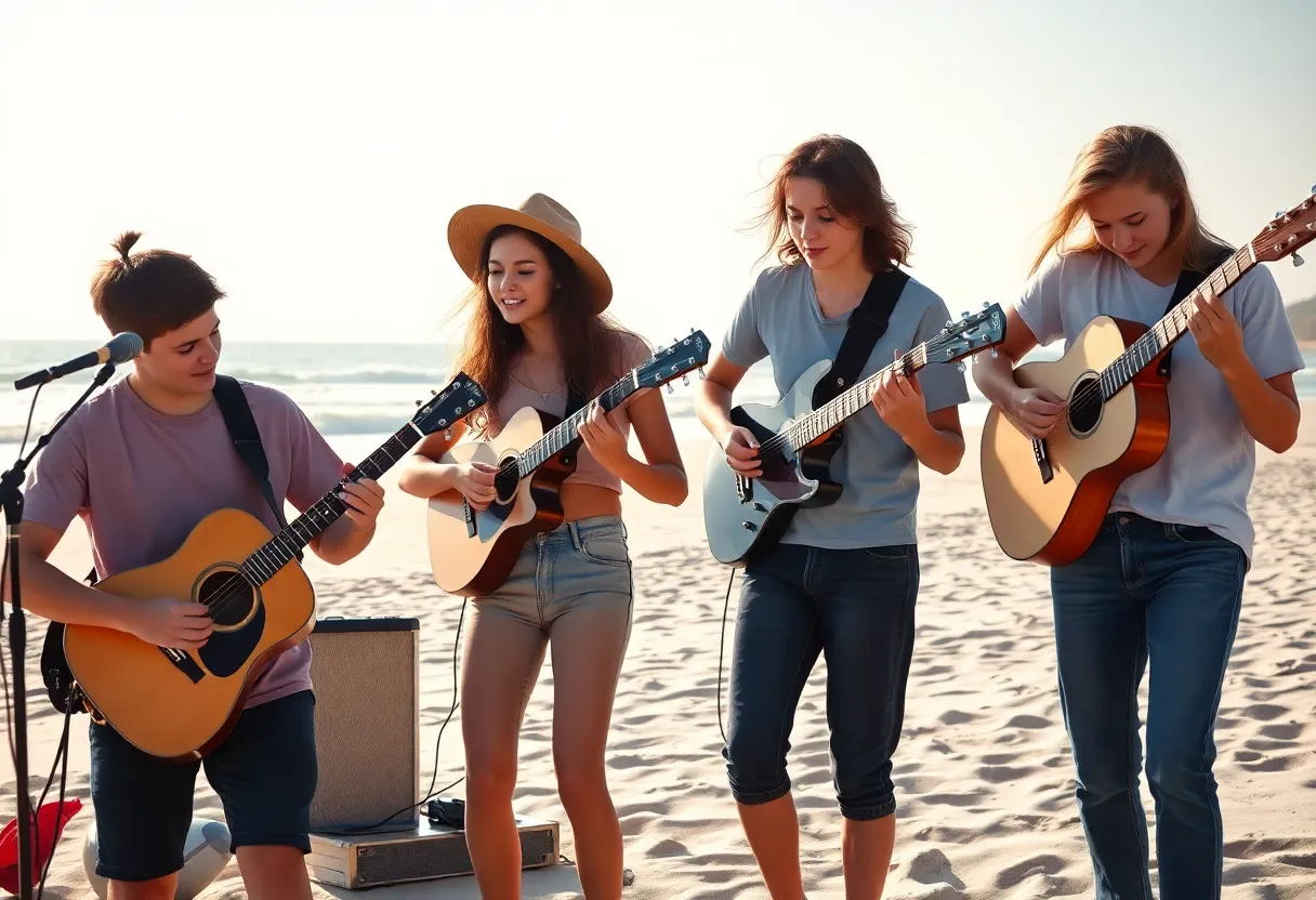 Teen band performing music by the beach