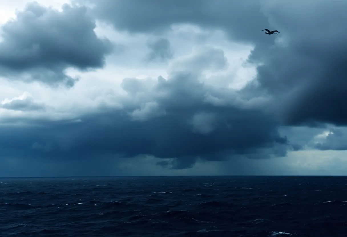 A storm forming at sea with dark, swirling clouds and rough ocean waves.