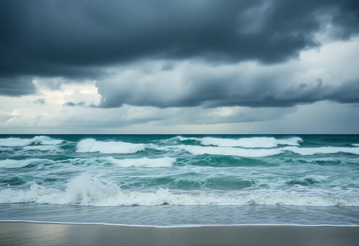 A stormy beach scene during Tropical Storm Imelda with dark skies and rough waves.