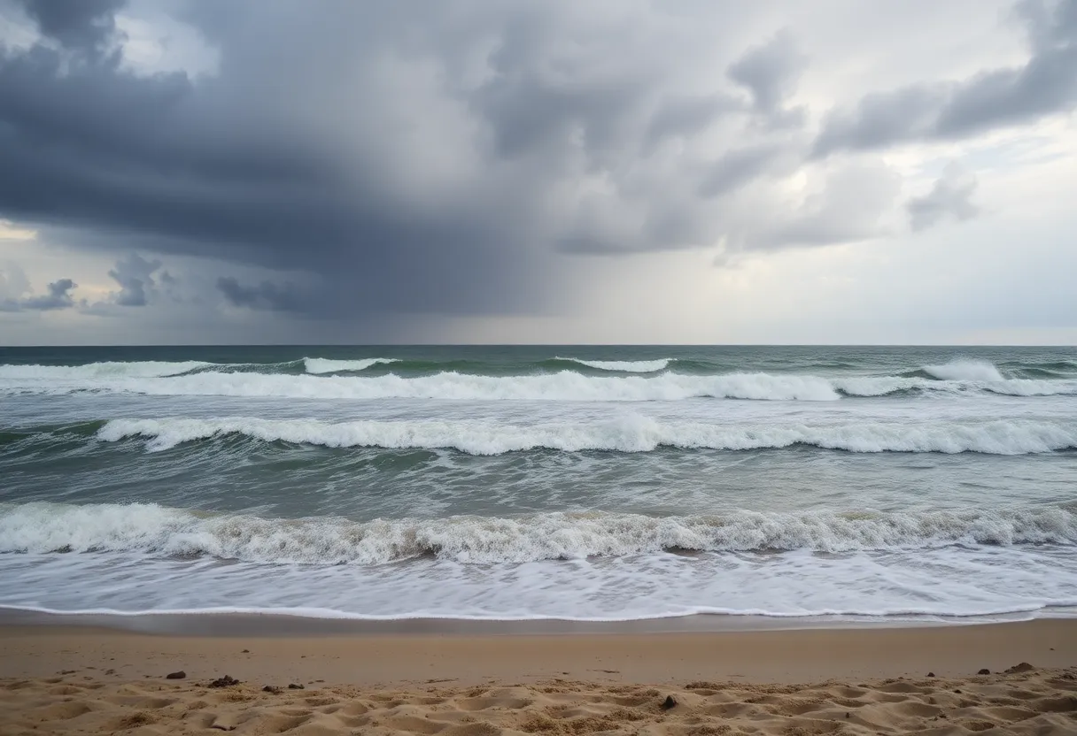 Turbulent ocean waves and storm clouds along the North Carolina coast due to Tropical Storm Imelda