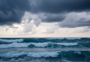 Stormy Atlantic Ocean with waves and dark clouds indicating approaching tropical storms.