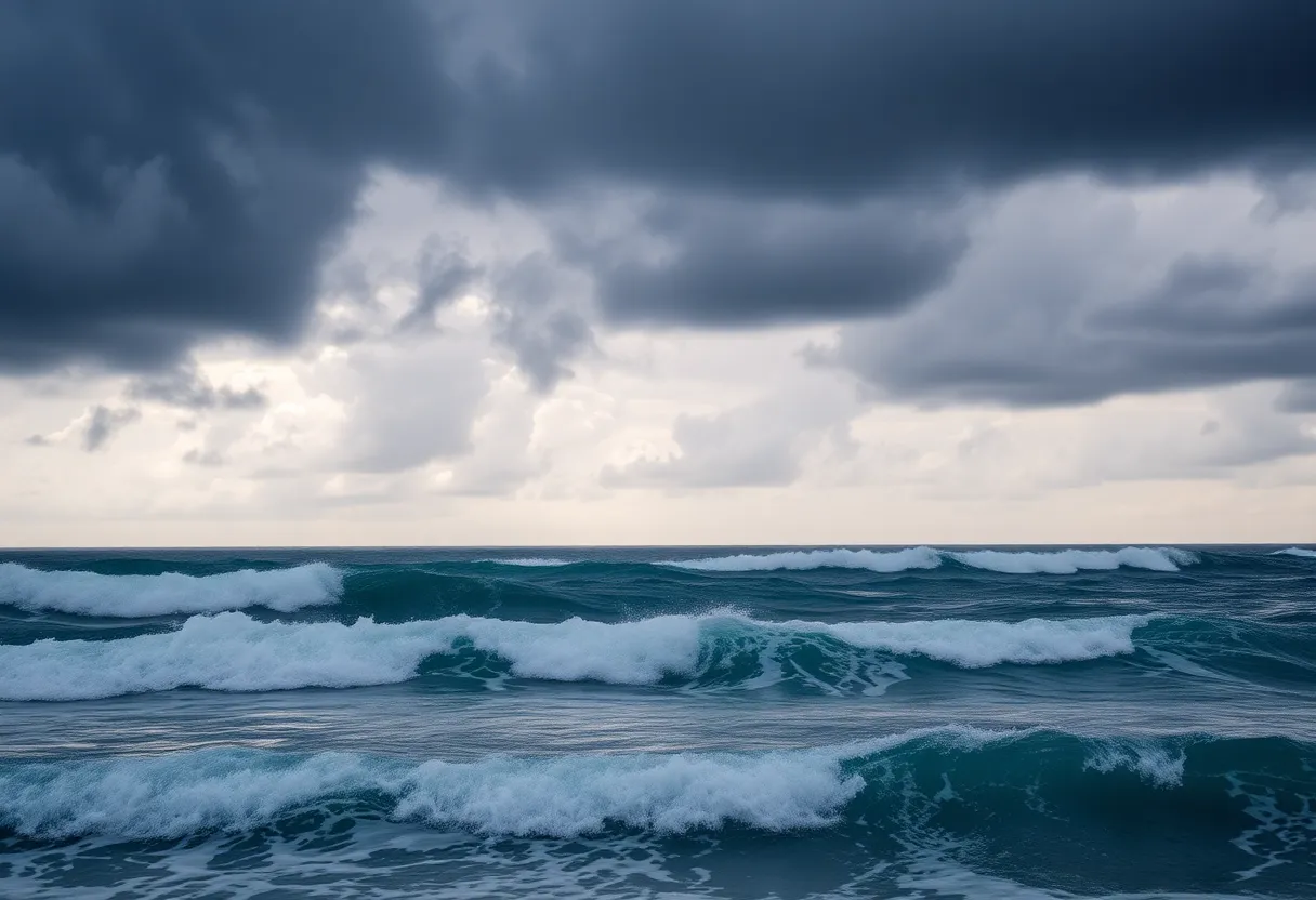 Stormy Atlantic Ocean with waves and dark clouds indicating approaching tropical storms.