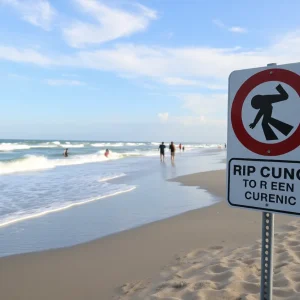 Waves at Virginia Beach with rip current warning sign