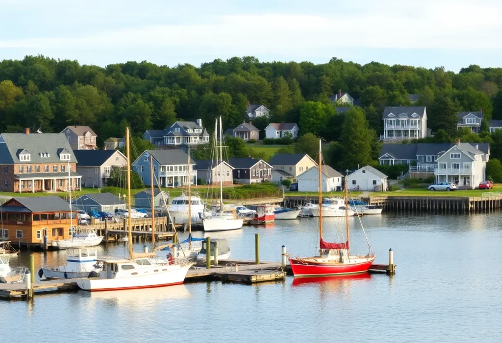View of the Wanchese fishing village with boats and vacation homes