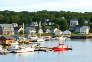 View of the Wanchese fishing village with boats and vacation homes