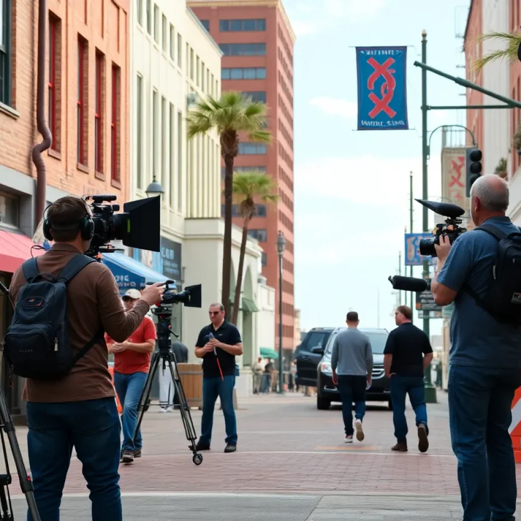 Film crew working on a set in Wilmington, North Carolina
