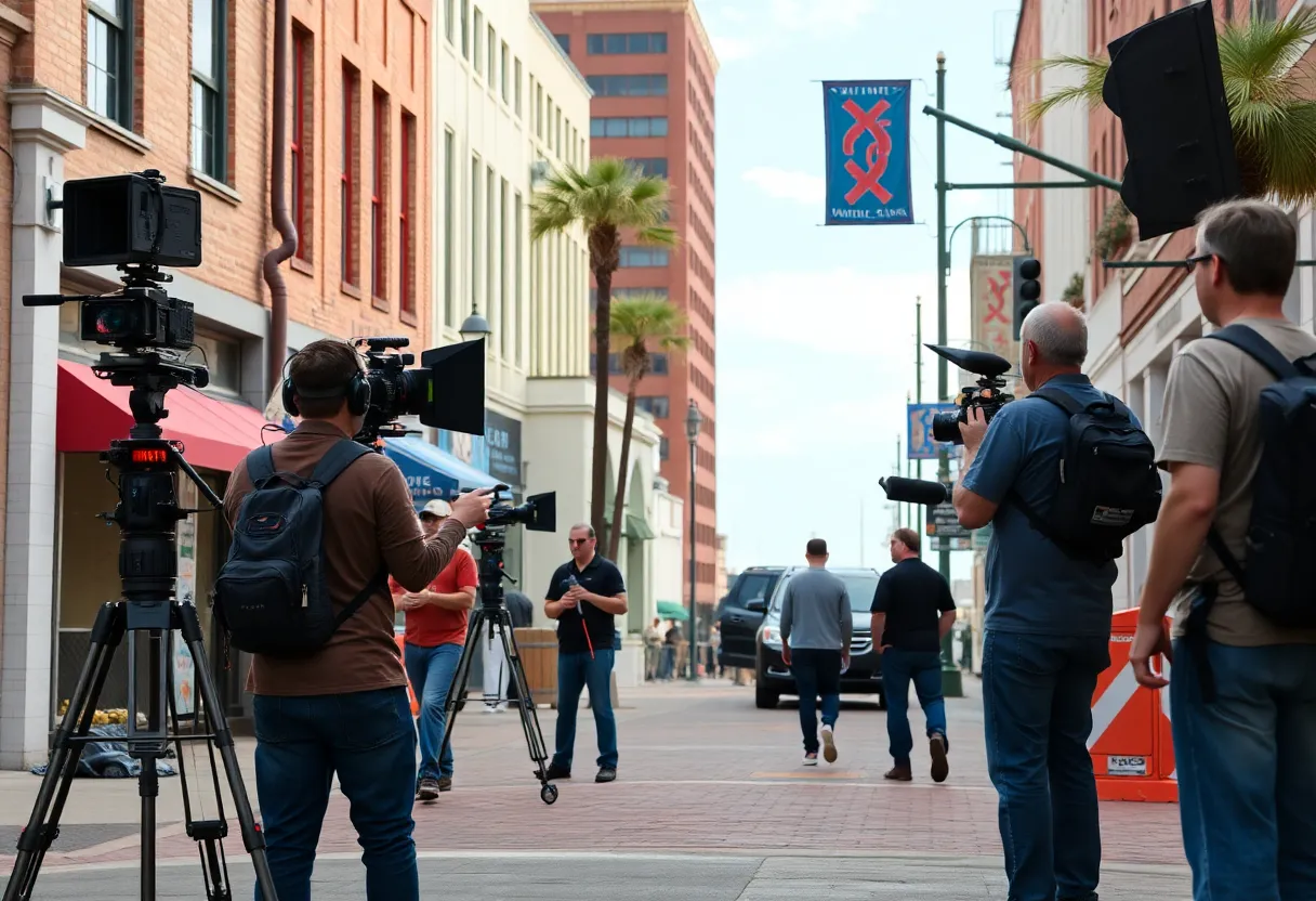 Film crew working on a set in Wilmington, North Carolina