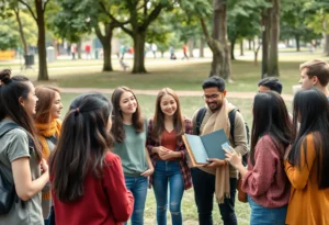 Young people engaging in discussion about faith in a community setting.