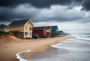 Collapsed beach houses on the Outer Banks coast after a storm.