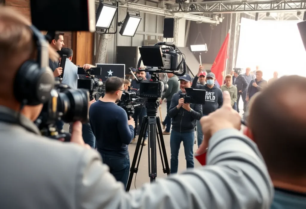 Film set with crew preparing for a scene