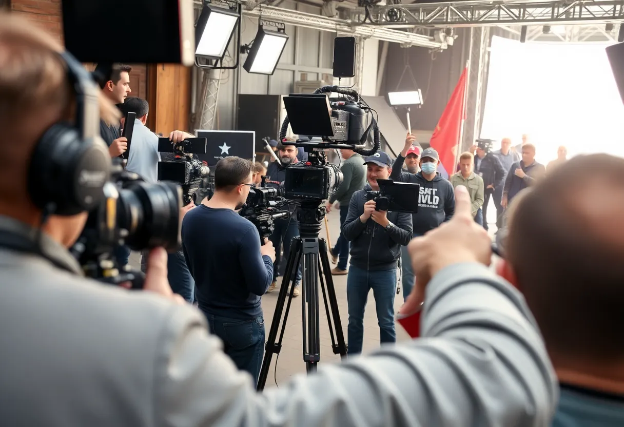 Film set with crew preparing for a scene