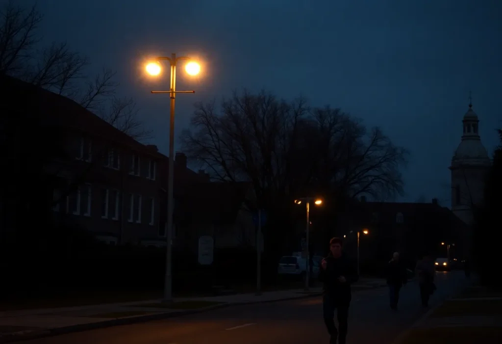 Dimly lit street with broken streetlights near university