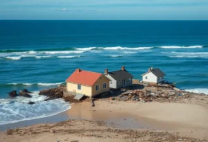 Collapsed homes on the beach due to coastal erosion