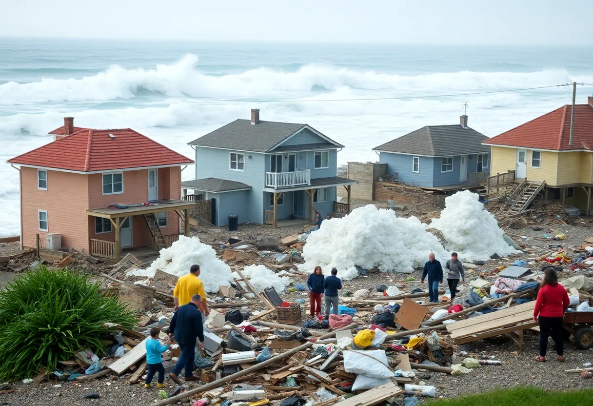 Community members salvaging belongings from collapsed homes due to coastal erosion in Buxton, North Carolina.