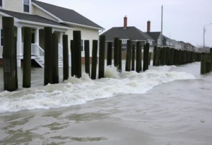Flooded home in Buxton, North Carolina surrounded by waves during a storm