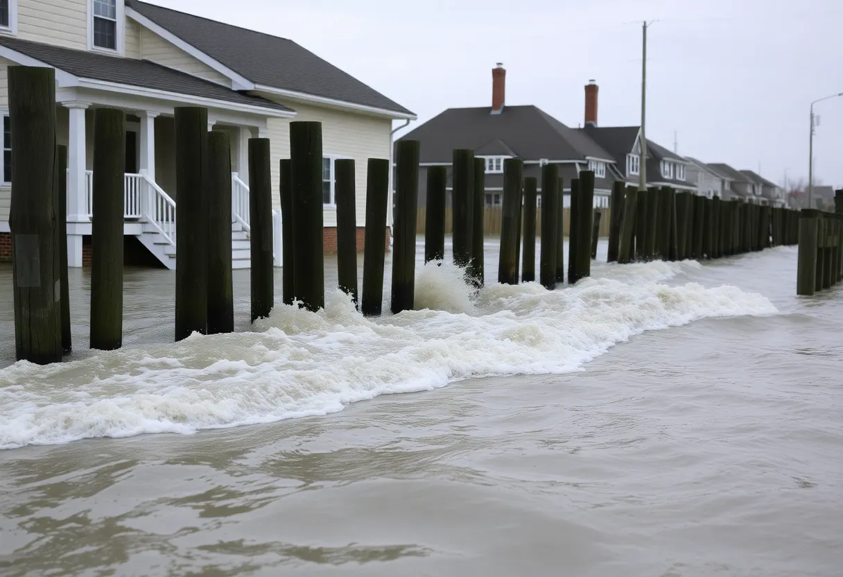 Flooded home in Buxton, North Carolina surrounded by waves during a storm