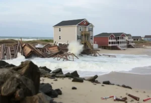 Beachfront homes in Buxton, North Carolina collapsing into the ocean due to coastal erosion.